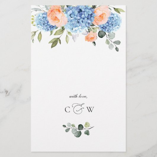 Blue Hydrangea Roze Blush Rozen Bruiloft Menu (Achterkant)