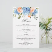 Blue Hydrangea Roze Blush Rozen Bruiloft Menu (Staand voorkant)
