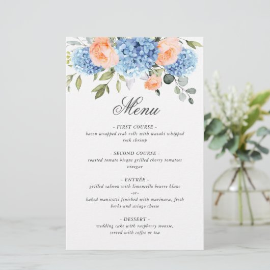 Blue Hydrangea Roze Blush Rozen Bruiloft Menu (Staand voorkant)