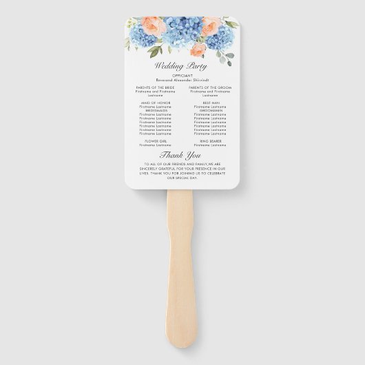 Blue Hydrangea Roze Rozen Trouwceremonie Programma Handwaaier (Achterkant)