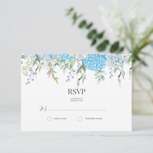 Blue Hydrangea RSVP Kaartje (Staand voorkant)