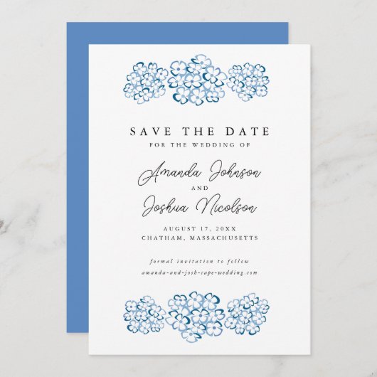 Blue Hydrangea Save the Date (Voorkant / Achterkant)