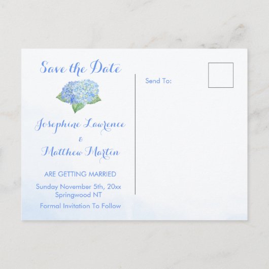 Blue Hydrangea Save the Date Aankondigingskaart (Achterkant)