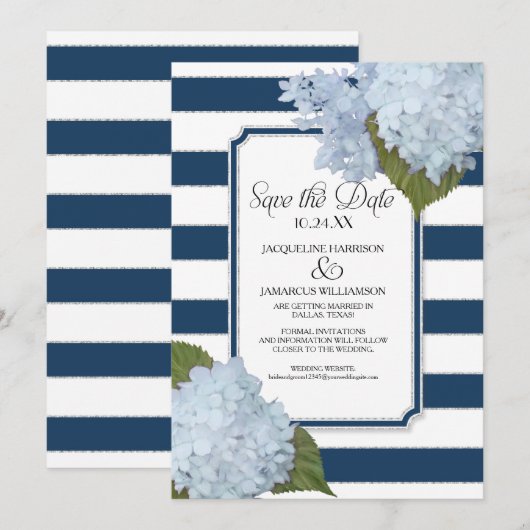 Blue Hydrangea Save the Date Wide Striped Floral Kaart (Voorkant / Achterkant)