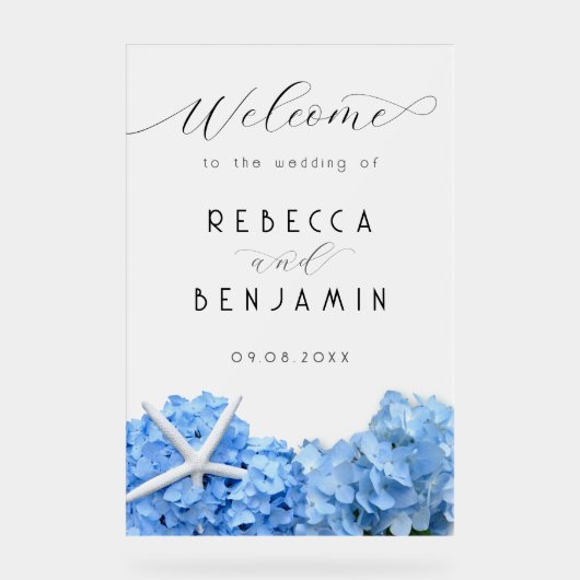 Blue Hydrangea Seaside Wedding Welkom Ondoorzichti Acryl Bord (Voorkant)