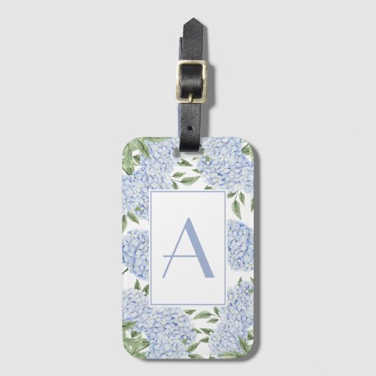 Blue Hydrangea Single Initiaal Monogram Aangepast Bagagelabel (Voorkant (verticaal))