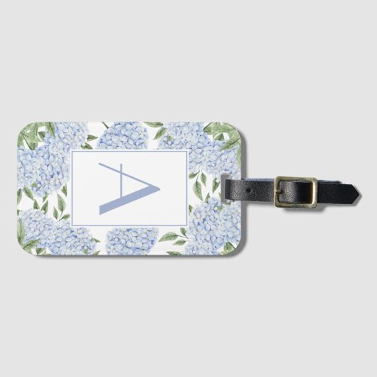 Blue Hydrangea Single Initiaal Monogram Aangepast Bagagelabel (Voorkant (horizontaal))