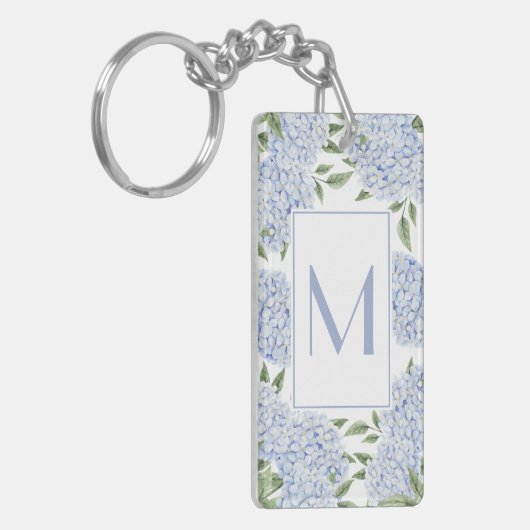 Blue Hydrangea Single Initial Monogram Custom Sleutelhanger (Voorkant Links)