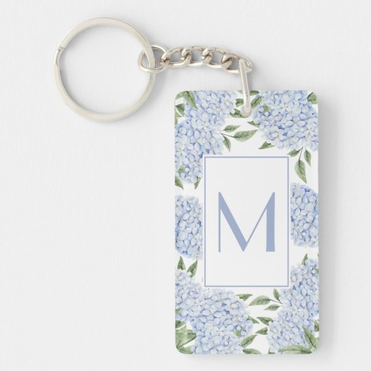 Blue Hydrangea Single Initial Monogram Custom Sleutelhanger (Voorkant)