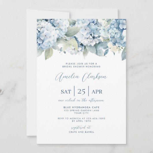 Blue Hydrangea Something Blue Bridal Shower Invite Kaart (Voorkant)