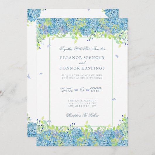 Blue Hydrangea Sophisticated Wedding Kaart (Voorkant / Achterkant)