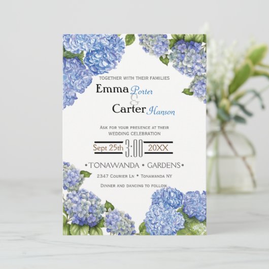 Blue Hydrangea Spring Flower Wedding Invitation Kaart (Staand voorkant)
