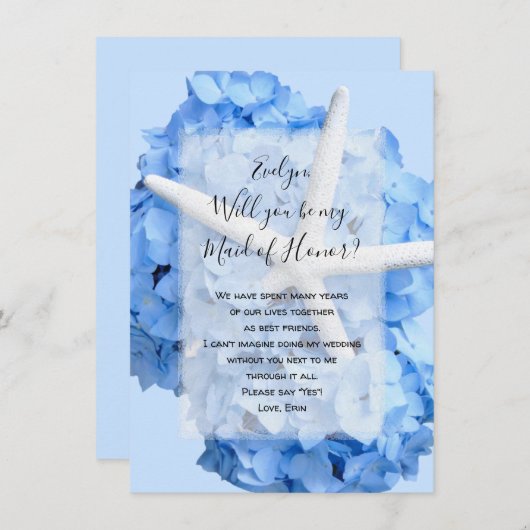 Blue Hydrangea Starfish be My Bridesmaid Kaart (Voorkant / Achterkant)