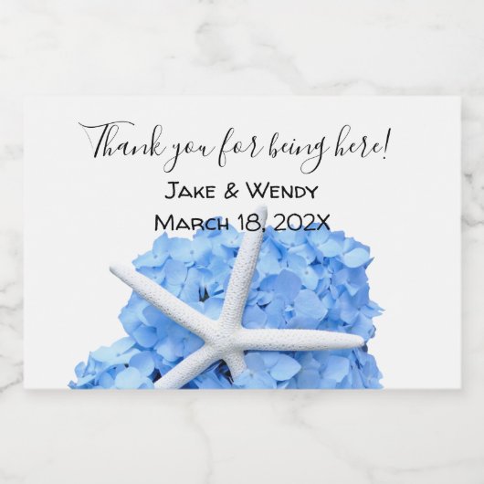 Blue Hydrangea Starfish Bedankt gasten Sparkling Wijnetiket (Enkel label)