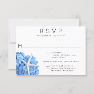 Blue Hydrangea Starfish Wedding Menu RSVP-kaart
