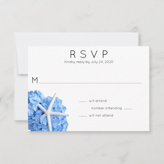 Blue Hydrangea Starfish Wedding RSVP Kaart (Voorkant)