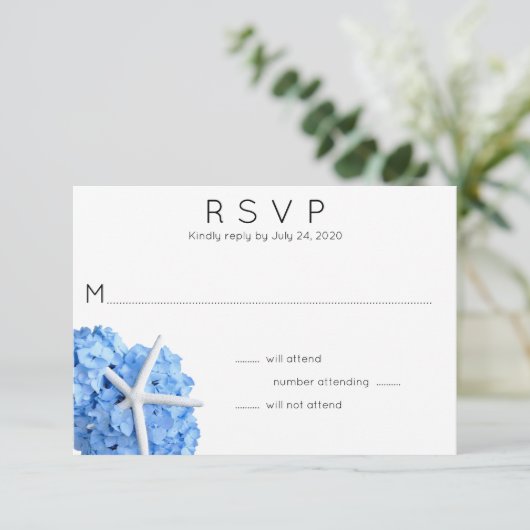 Blue Hydrangea Starfish Wedding RSVP Kaart (Staand voorkant)
