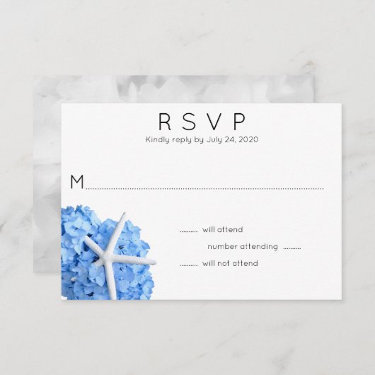Blue Hydrangea Starfish Wedding RSVP Kaart (Voorkant / Achterkant)