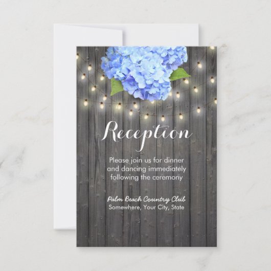 Blue Hydrangea & String Lights Barn Wood Reception Kaart (Voorkant)