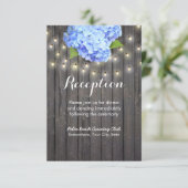 Blue Hydrangea & String Lights Barn Wood Reception Kaart (Staand voorkant)