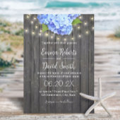 Blue Hydrangea & String Lights Barn Wood Wedding Kaart