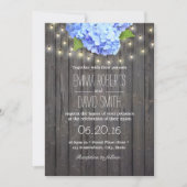 Blue Hydrangea & String Lights Barn Wood Wedding Kaart (Voorkant)