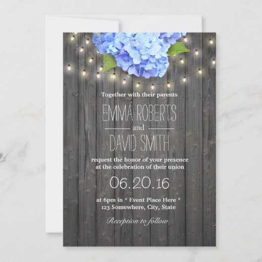 Blue Hydrangea & String Lights Barn Wood Wedding Kaart (Voorkant)