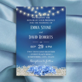 Blue Hydrangea & String Lights Navy Blue Wedding Kaart