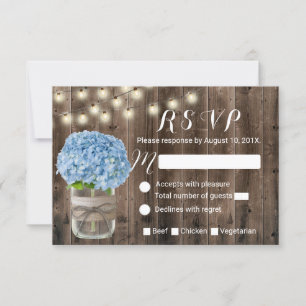 Blue Hydrangea & String Lights Rustic Wood RSVP Kaartje