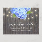 Blue Hydrangea & String Lights Wood Save the Date Aankondigingskaart (Voorkant)