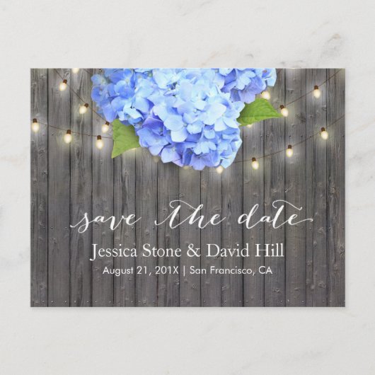 Blue Hydrangea & String Lights Wood Save the Date Aankondigingskaart (Voorkant)