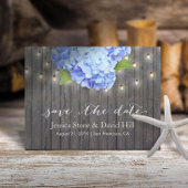 Blue Hydrangea & String Lights Wood Save the Date Aankondigingskaart