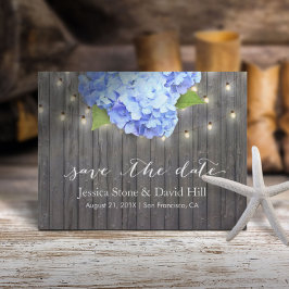 Blue Hydrangea & String Lights Wood Save the Date Aankondigingskaart