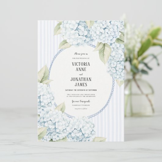 Blue Hydrangea Stripe Vintage Wedding Invitation Kaart (Staand voorkant)