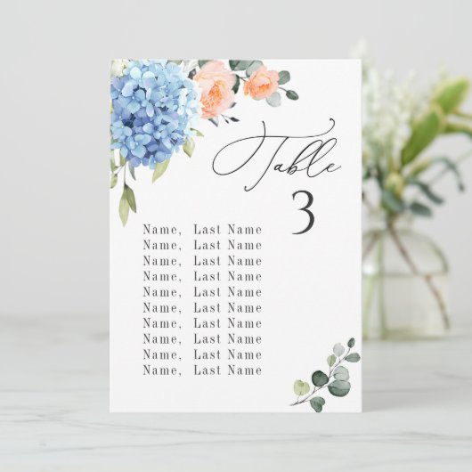 Blue Hydrangea Tafelnummer Zitkaarten Kaarten (Staand voorkant)