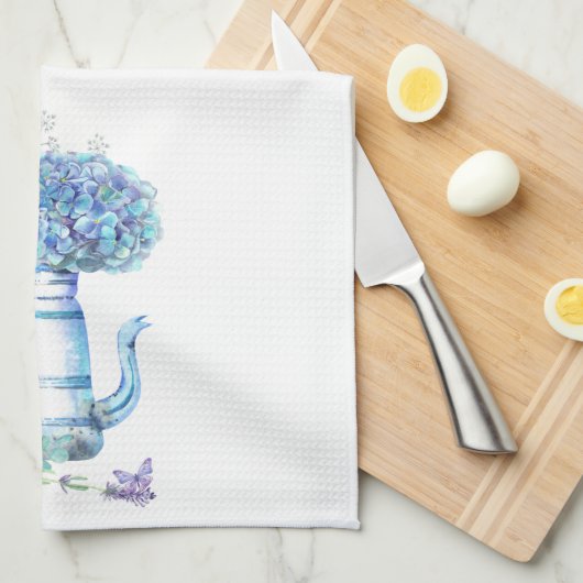 Blue Hydrangea Teapot Farmhouse Pastel Floral Theedoek (Quarter Fold)