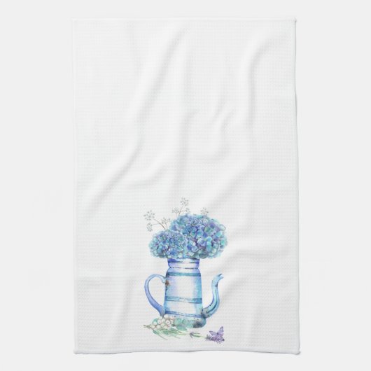 Blue Hydrangea Teapot Farmhouse Pastel Floral Theedoek (Verticaal)