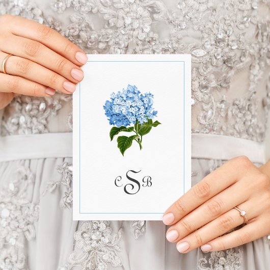Blue Hydrangea traditioneel drieletterd monogram Bedankkaart