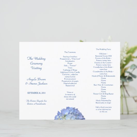 Blue Hydrangea Tri-Fold Wedding Program Sjabloon (Staand voorkant)