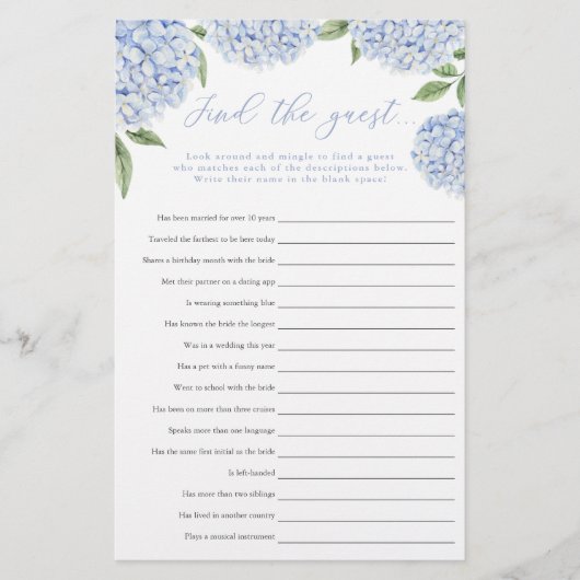 Blue Hydrangea Vind de Guest Paper Game Kaart (Voorkant)