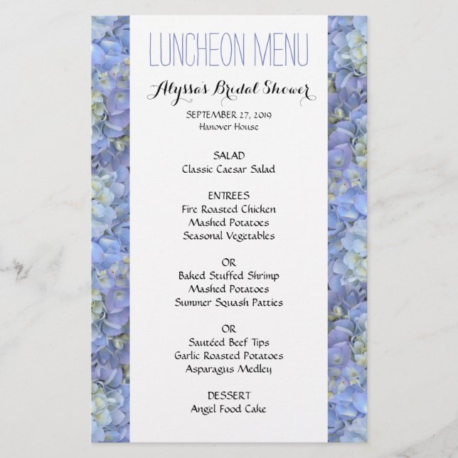 Blue Hydrangea Vrijgezellenfeest 5x8 Luncheon Menu (Voorkant)