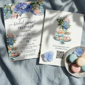 Blue Hydrangea Vrijgezellenfeest Tea Party QR-code Kaart