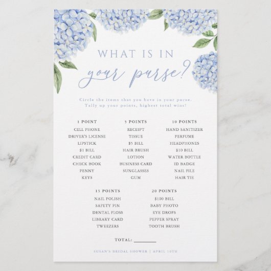 Blue Hydrangea Wat zit er in je tas spel Kaart (Voorkant)