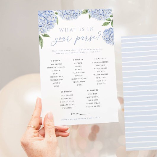 Blue Hydrangea Wat zit er in je tas spel Kaart