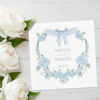 Blue Hydrangea Watercolor Crest Paper Wedding Servet