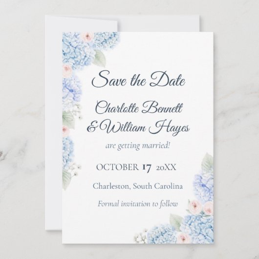 Blue Hydrangea Watercolor Floral Save the Date (Voorkant)