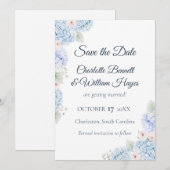 Blue Hydrangea Watercolor Floral Save the Date (Voorkant / Achterkant)