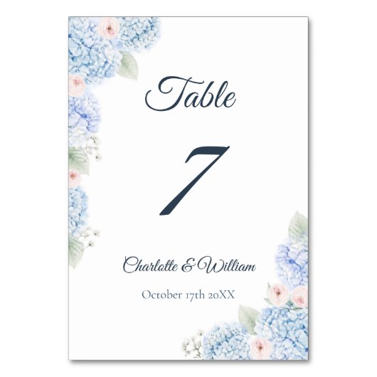 Blue Hydrangea Watercolor Floral Table Number Kaart (Voorkant)