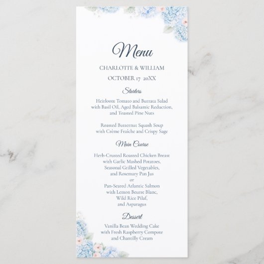 Blue Hydrangea Watercolor Floral Wedding Menu (Voorkant)
