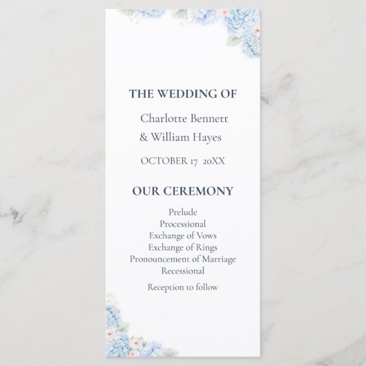 Blue Hydrangea Watercolor Floral Wedding Program Programmakaart (Voorkant)